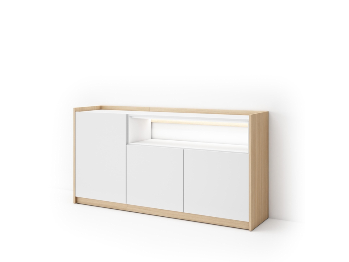 Aparador Para Salón, 156x37x80cm, 3 Puertas, Led, Blanco Y Roble Soft