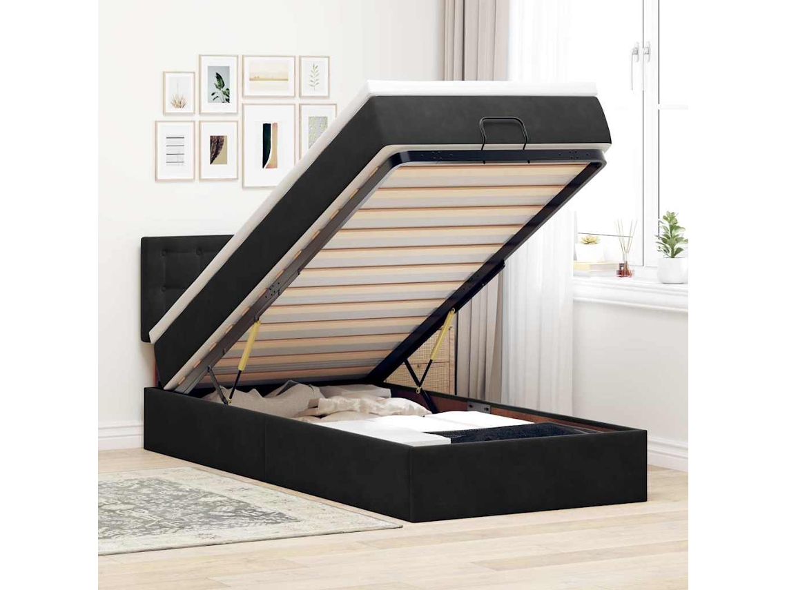 Estructura De Cama Otomana Colchón Terciopelo Negro 100x200cm