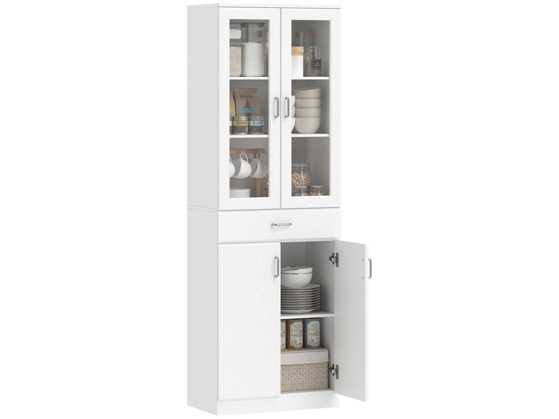Aparador Alto De Cocina, Mueble De Cocina, 4 Puertas (2 De Ellas De Cristal), Cajones, Estantes Ajustables, 60x35x180cm, Blanco