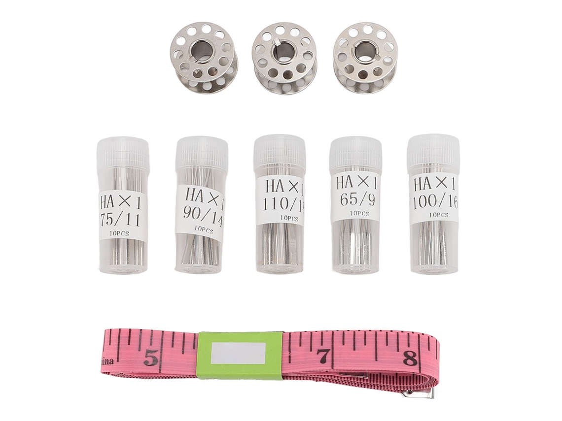 Kit Que Incluye 50 Agujas Para Máquina De Coser Hax1, Plancha Con 3 Carretes, 5 Botellas Y Cinta Métrica.