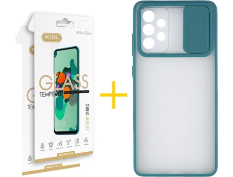 Carcasa y 2 Protectores de Pantalla de Vidrio Samsung A72 5G ACCETEL Gel Protección Cámara Verde