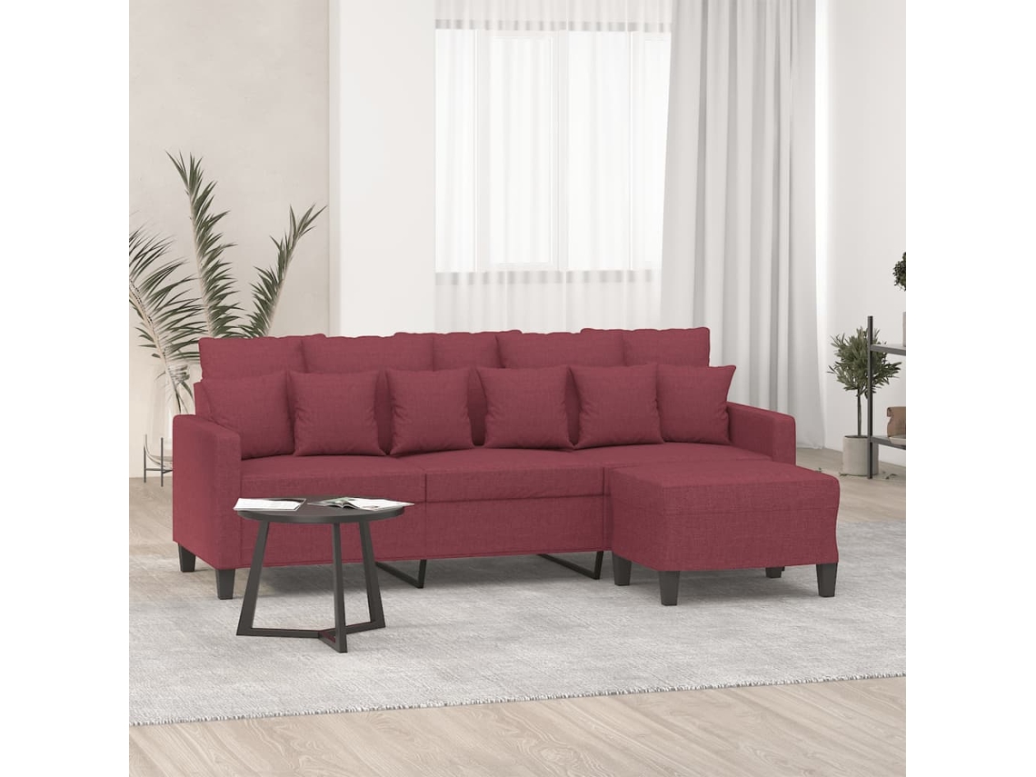 Sofá De 3 Plazas Con Taburete De Tela Rojo Tinto 180 Cm