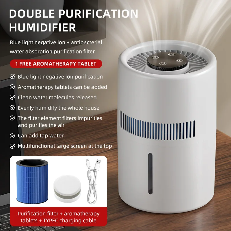 Humidificador Usb De 4 Litros Con Purificación De Aire Mediante Iones Negativos Y Luz Azul, Ideal Para Dormitorios Y Oficinas.