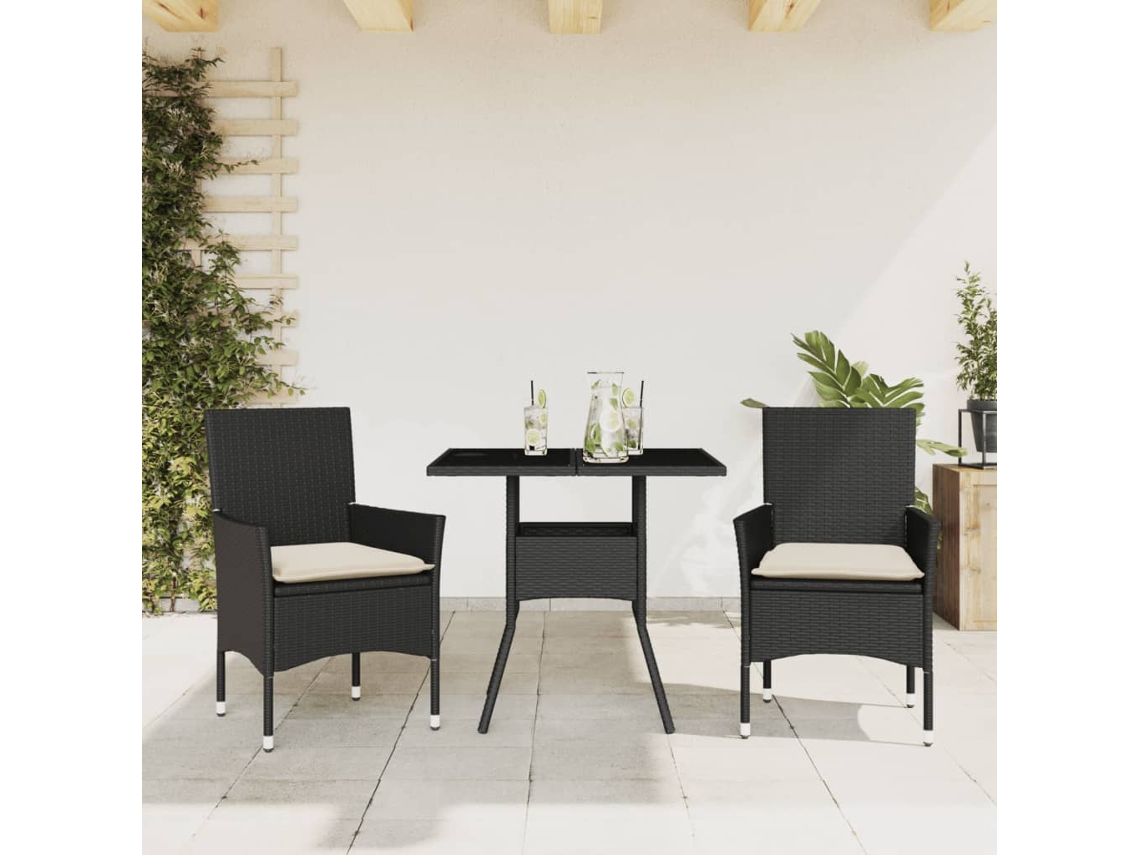 Conjunto de comedor de jardín de 3 piezas con cojines de mimbre negro de polietileno y vidrio de DKD Home Decor
