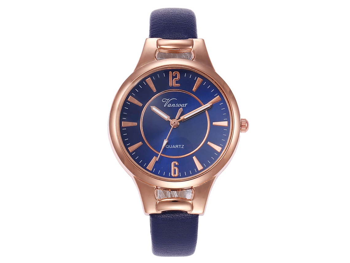 Reloj De Pulsera Vansvar V406 Slim Para Mujer Con Correa De Pu Y Movimiento De Cuarzo, Azul Oscuro.