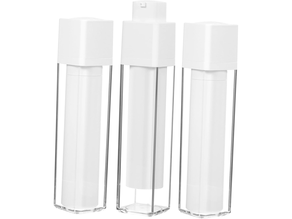 De 3 Frascos Recarregáveis De 50ml Em Plástico Branco Com Bomba Airless Para Cremes E Outros Produtos.