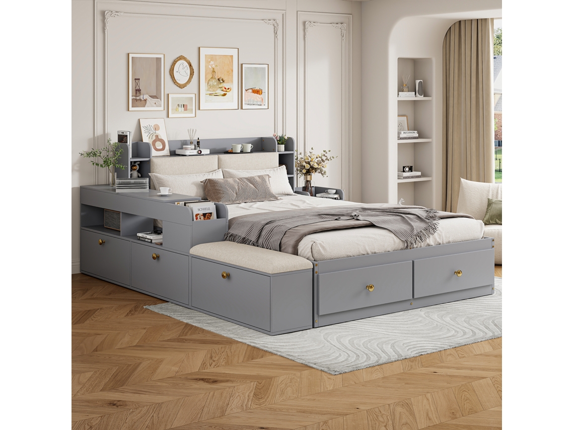 Cama De Madera Maciza De 140x200 Cm, Color Gris, Sofá-banco Multifuncional