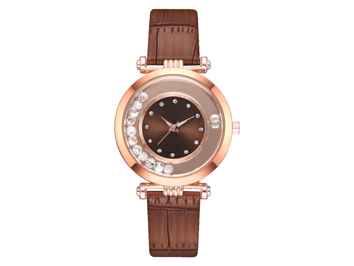 Reloj De Pulsera De Moda Para Mujer Con Correa De Piel Sintética Y Diamantes De Imitación En Esfera Marrón.
