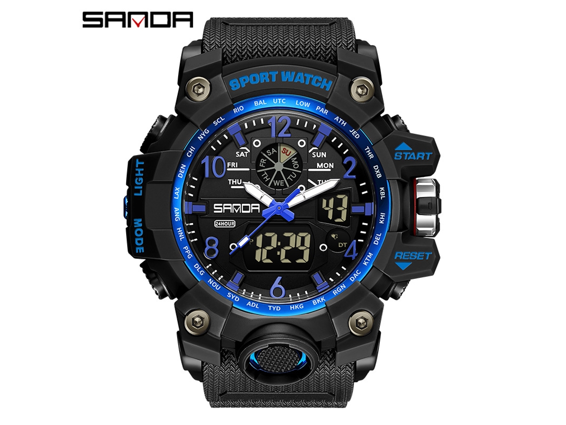 Reloj Deportivo Multifuncional, Moderno Y Elegante (negro Y Azul para Hombre) Con Acabado Luminoso.