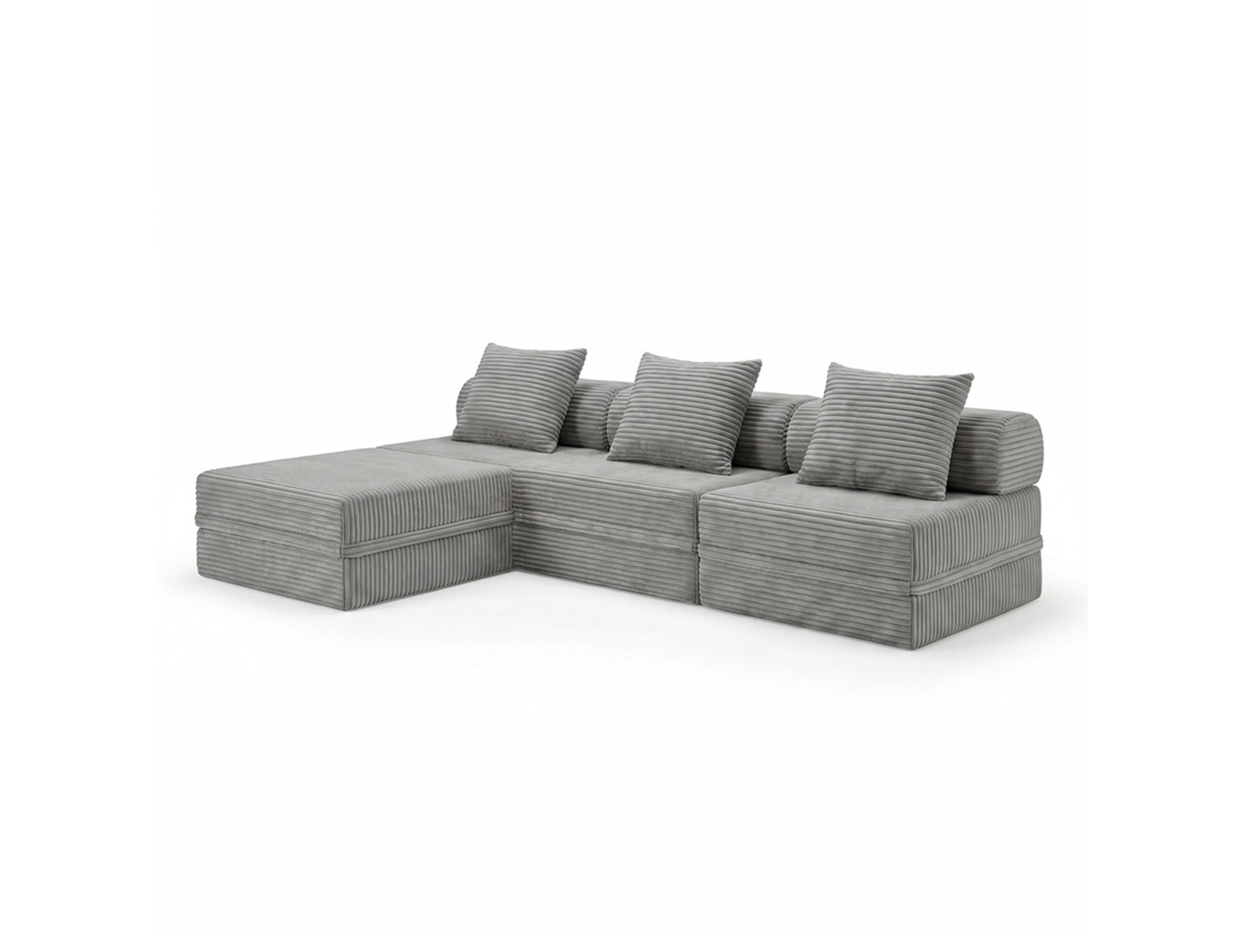 Sofá Modular 3+1+puff Convertible Veludo Listado Cinza