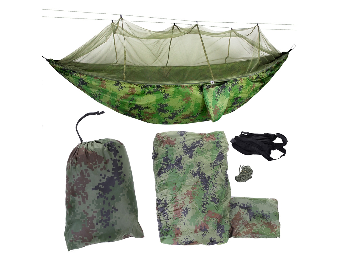 Hamaca portátil de camping con mosquitera, estampado de camuflaje.