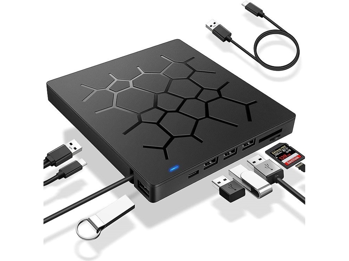 Reproductor de CD/DVD externo - Grabadora de CD/DVD (sin necesidad de controladores), interfaz USB 3.0, con 4 puertos USB y 2 ranuras para TF/SD, color negro. Hexinyigjly