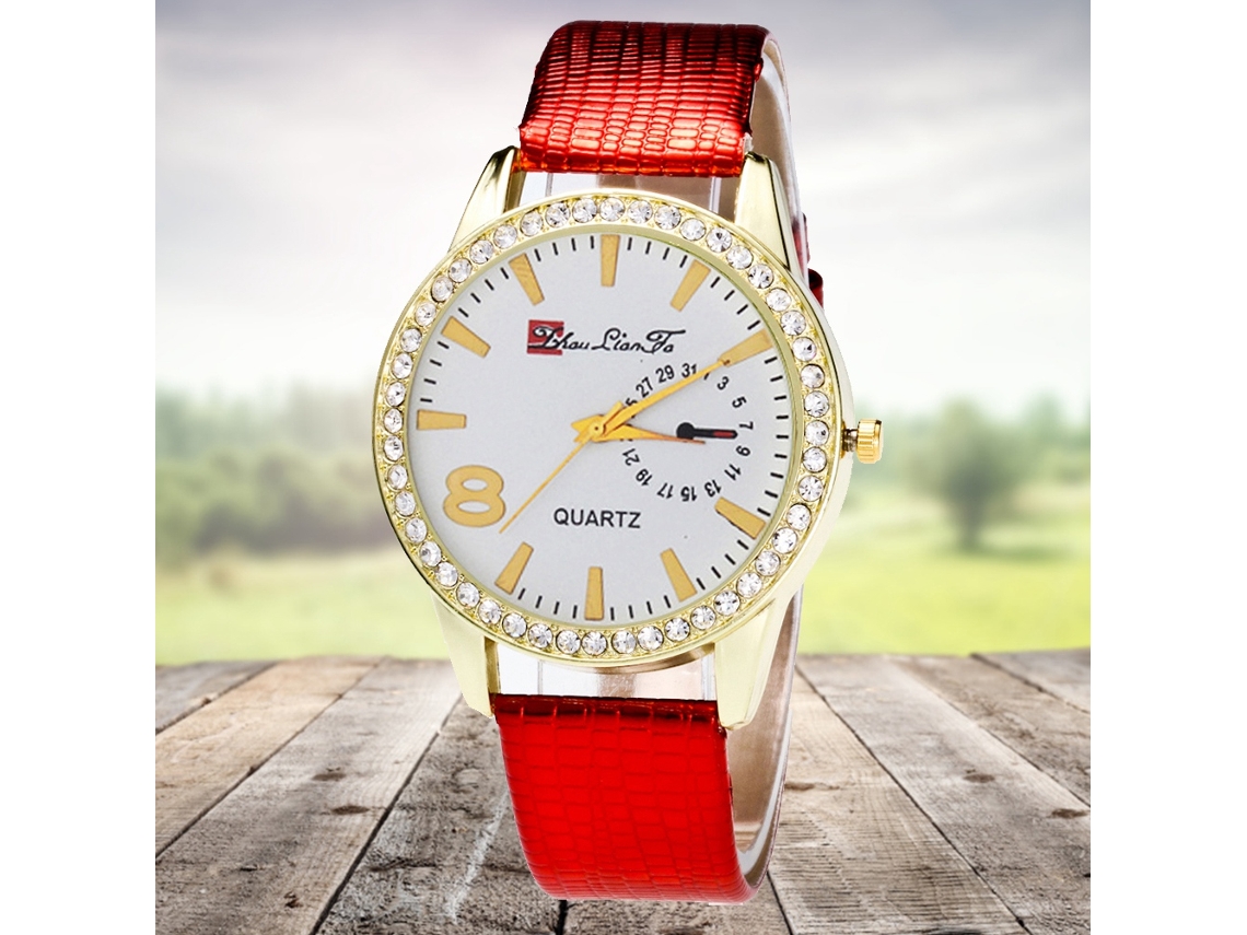 Reloj De Mujer Luxury Rhinestone Casual Quartz Analógico Correa Pu Rojo