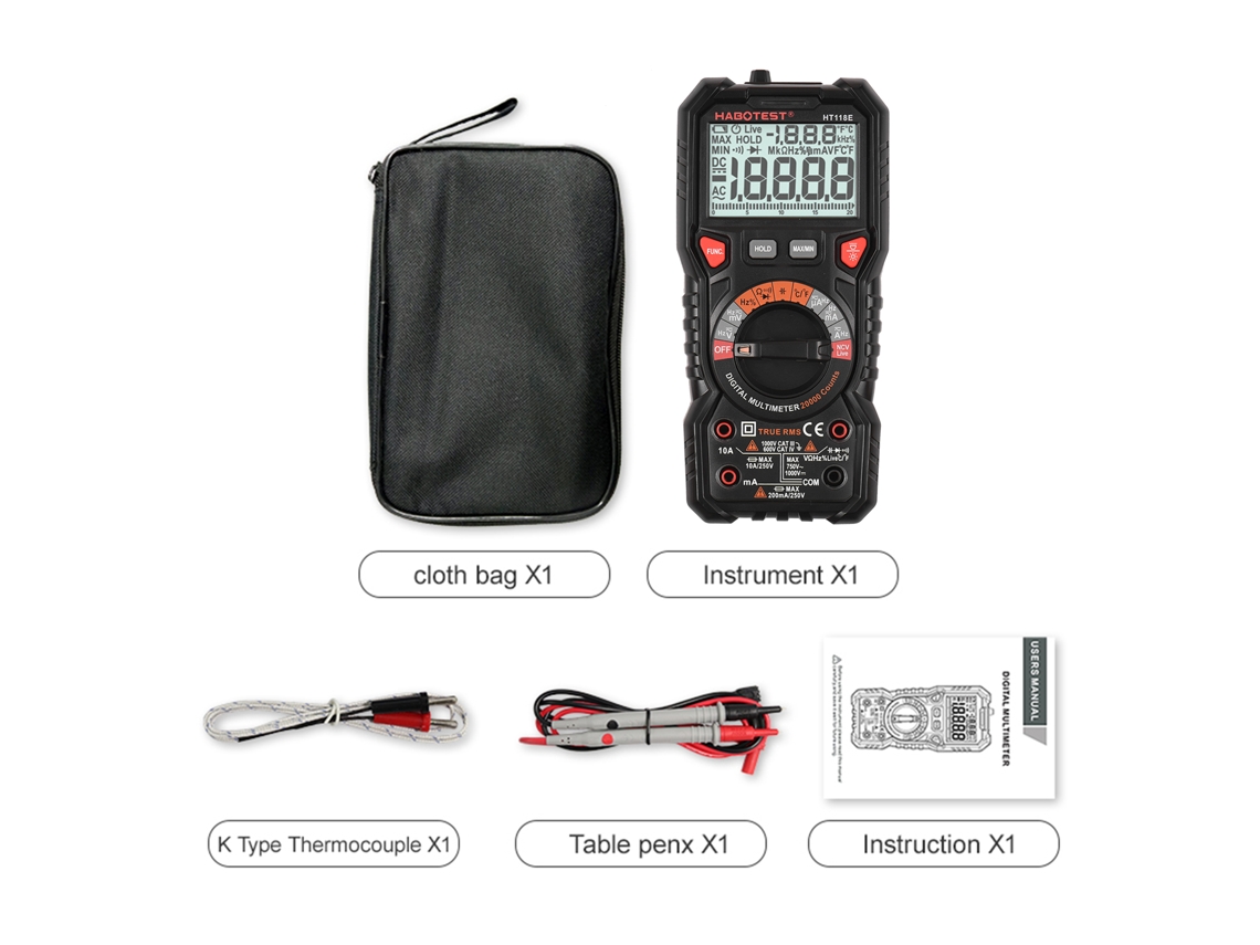 Multímetro Digital Habotest Ht118e, Rango Automático, Verdadero Rms, 20000 Cuentas, Prueba Ncv, Voltaje, Corriente, Temperatura.