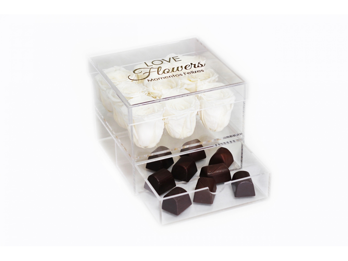 9 Rosas Naturales Preservadas Blancas Flores LOVE con 9 Chocolates - Colección Glassy Rose con Chocolates