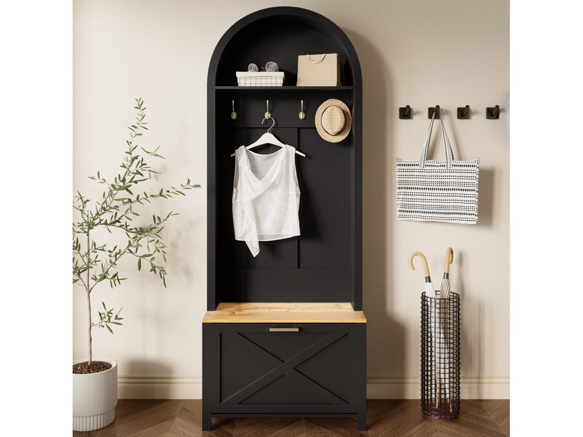 Zapatero de entrada con ganchos, diseño moderno negro, madera, 75 cm x 35 cm x 195 cm, MOBRIO