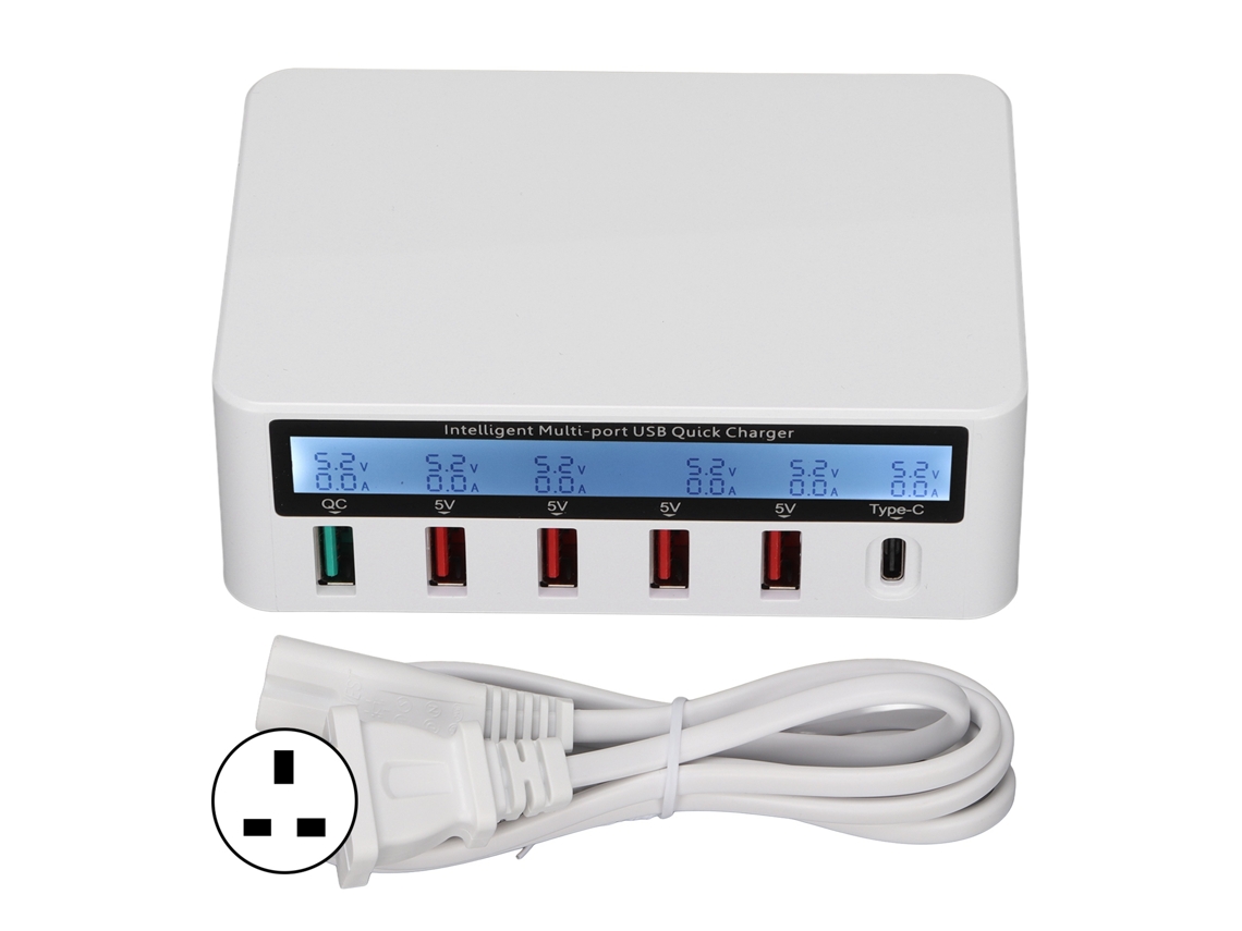 Estación De Carga Usb 40w 6 Puertos Concentrador De Carga Qc 3.0 Pantalla Lcd Plug Uk Blanco