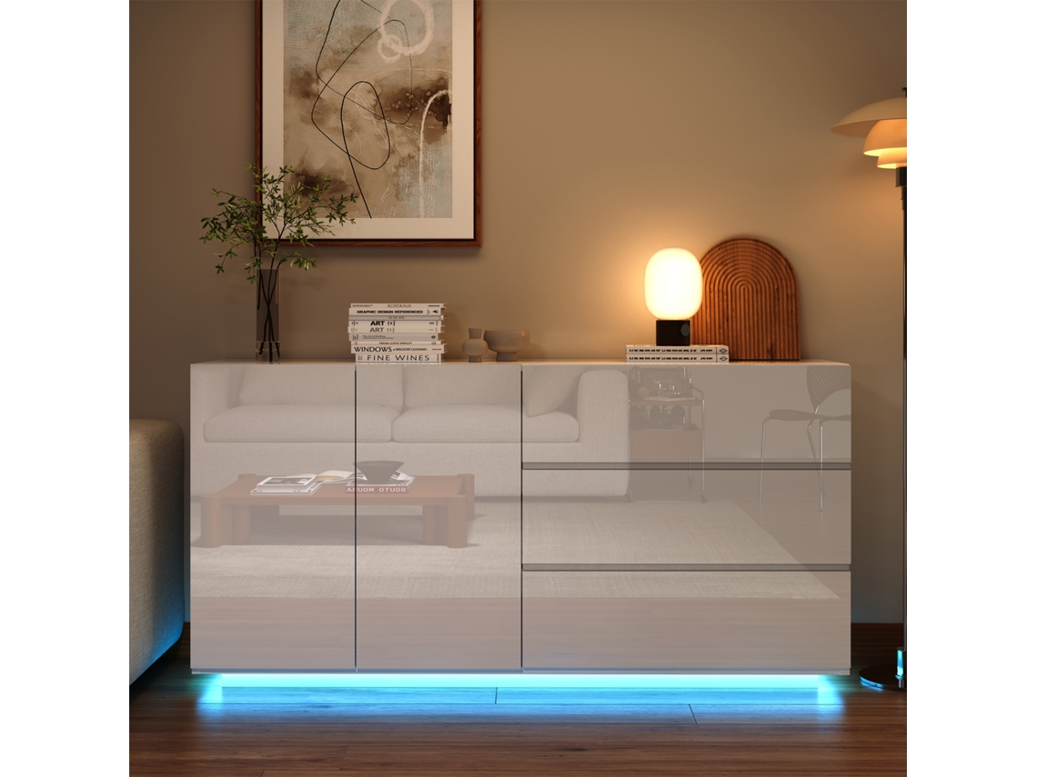 Aparador moderno con 2 puertas y 3 cajones, mueble de salón con iluminación LED, aparador de cocina, blanco 160x35x75cm Rosahqnda