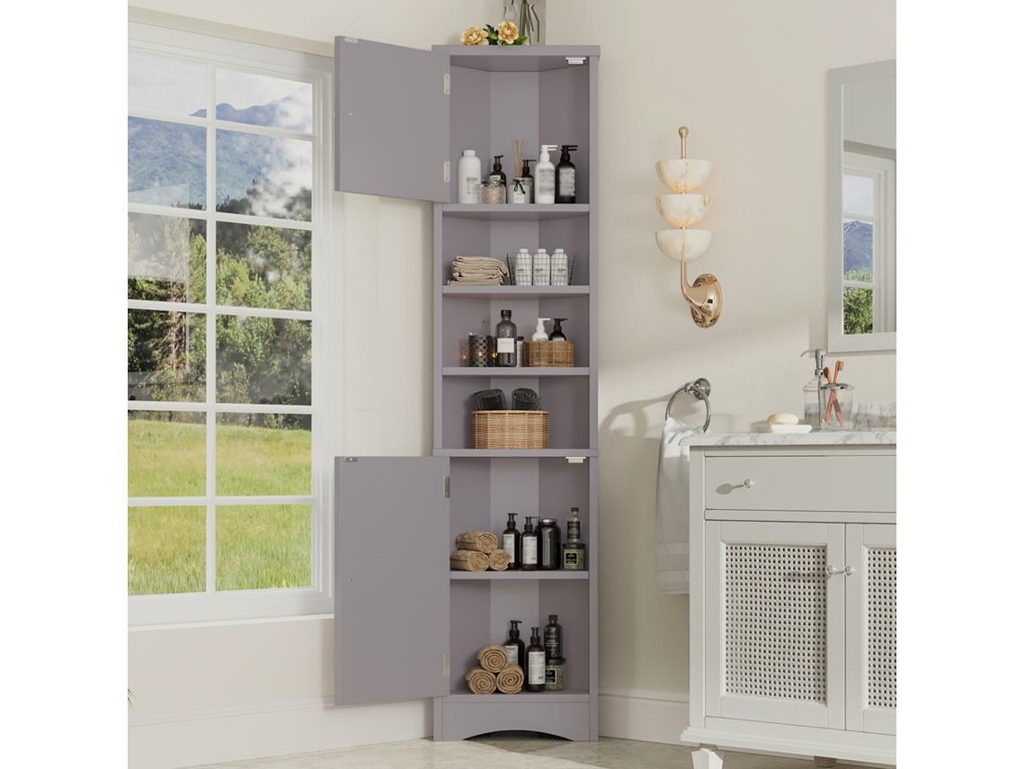 Mueble de baño triangular 36,5 x 24,5 x 170 cm 3 compartimentos abiertos 2 puertas estilo gris