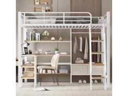 Cama Loft 90x200cm - Incluye 2 Cajas De Almacenamiento, Escritorio, Estante, Escalera Inclinada - Blanco+natural