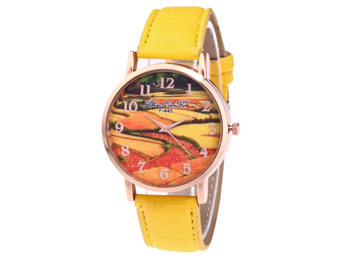 Reloj De Pulsera Para Parejas Con Correa De Piel Sintética, Esfera Redonda De Moda Y Movimiento De Cuarzo Amarillo.