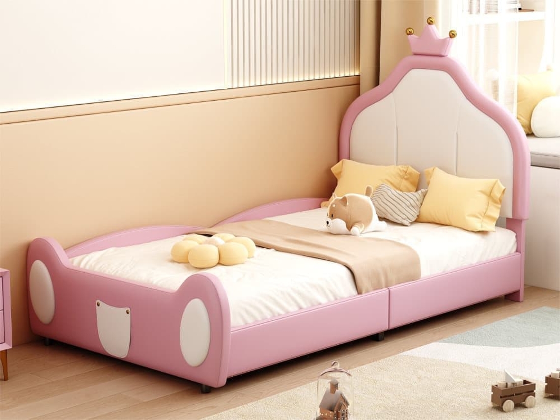 Cama Infantil 90x200 Cm En Piel Sintética - Cabecero Con Moldura De Techo - Rosa