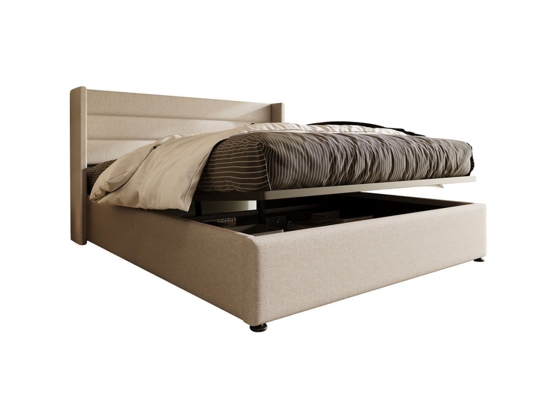 Cama Con Almacenaje De Lino 140x200 Cm Con Somier De Láminas - Beige