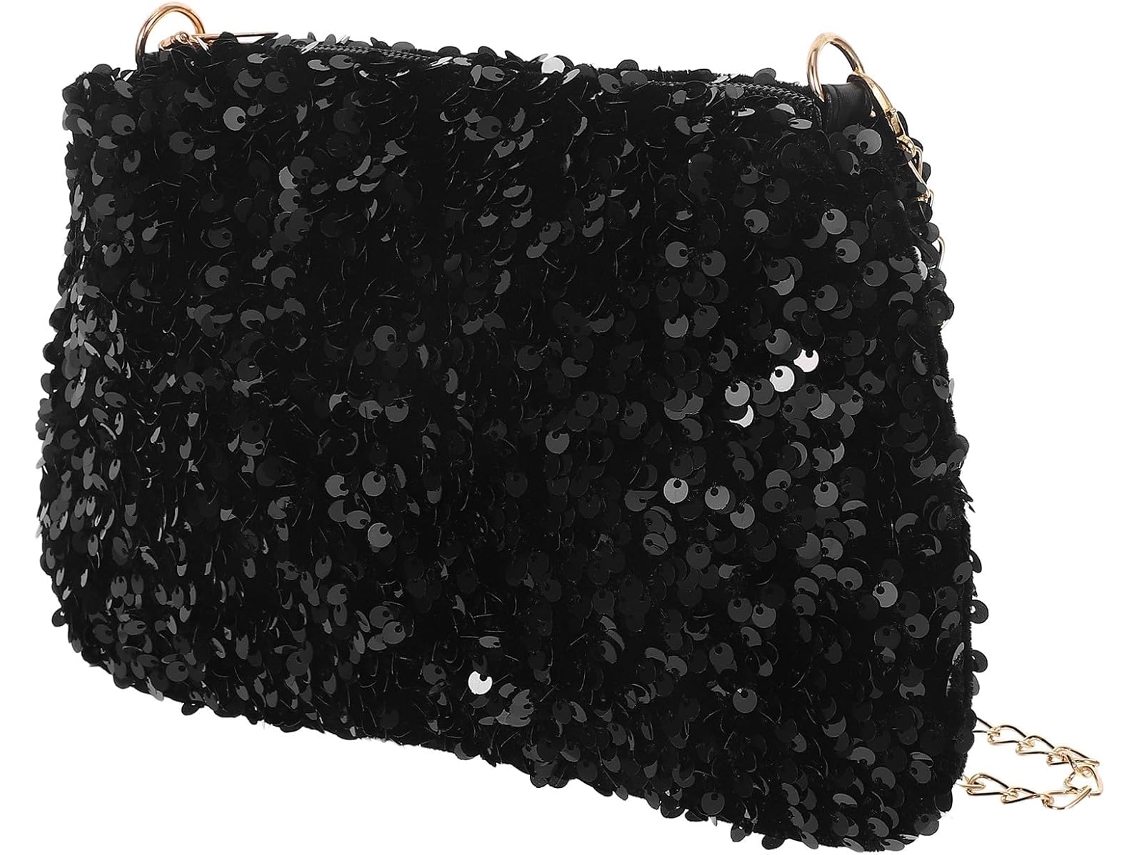 Bolso De Hombro Con Cadena Para Mujer, Bolso De Mano Negro Brillante En Poliéster Y Metal, Compacto Y