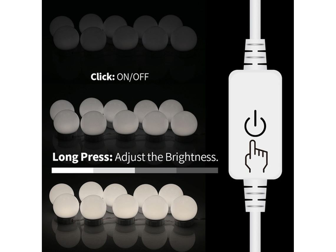 Rebe-kit De Luces Led Para Espejo De Tocador Con 14 Bombillas Regulables, Cable Retráctil Y Alimentación Usb Para Maquillaje Y Salón De Belleza