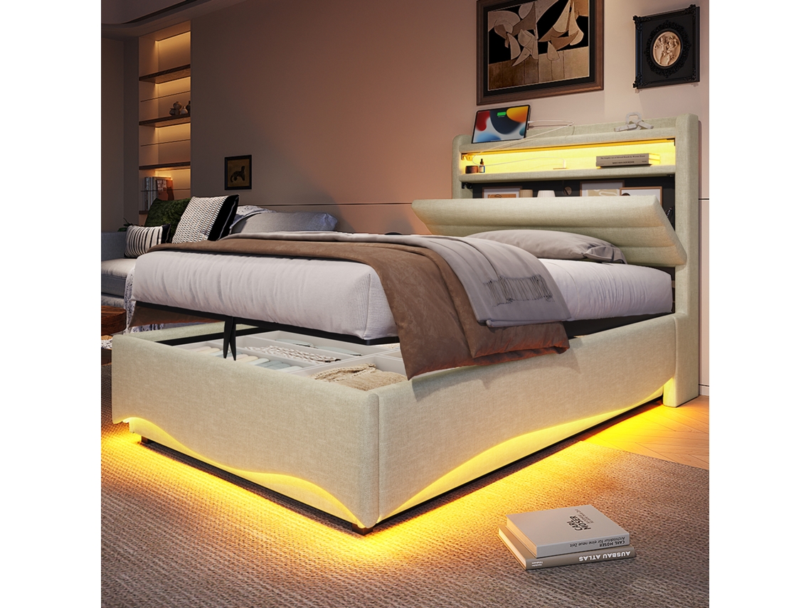 Cama Tapizada En Color Beige De 90x200 Cm Con Almacenamiento Led, Estantes Hidráulicos Y Conexión Usb-c.