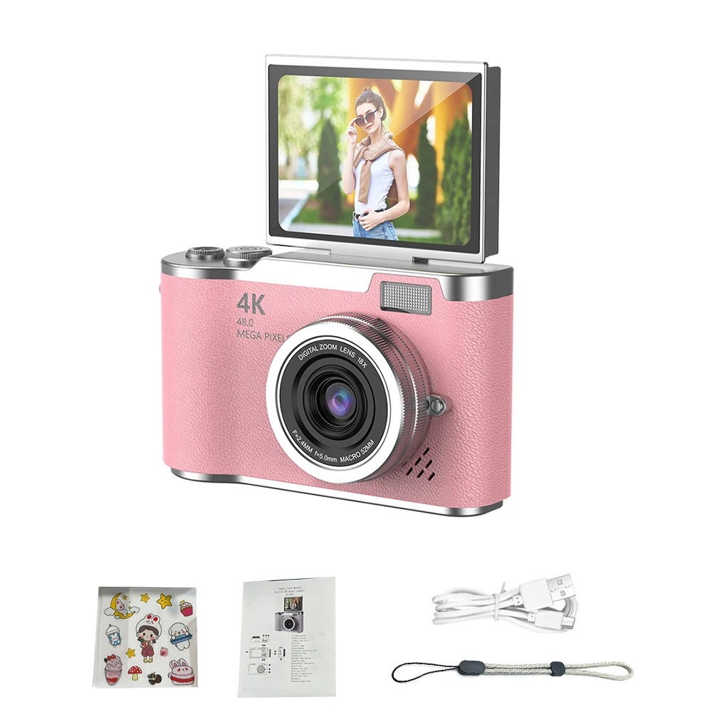 (rosa - 8 Gb) Cámara Digital 4k - 48 Mp - Cámara Para Niños - Enfoque Automático - Pantalla De 2,4 Pulgadas - Abatible 180°