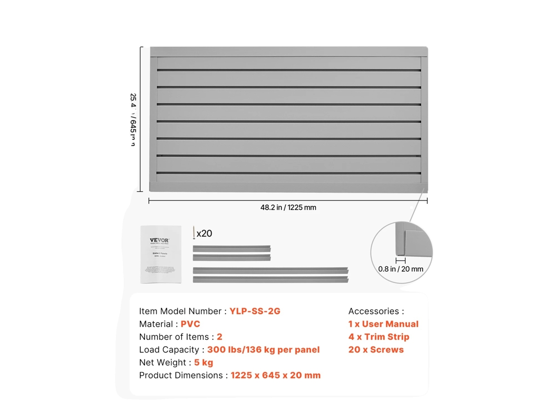 Panel de pared de listones, PVC duradero, solución de almacenamiento ajustable, gris, 4 x 4 pies, 16 pies cuadrados OEM
