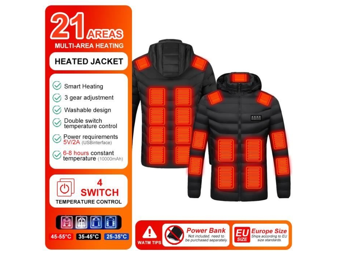 Chaqueta Térmica Para Hombres/Mujeres -3 Niveles De Calefacción Abrigo Térmico Con Capucha Para Invierno Caza Al Aire Libre Camping-Xxl MIOLOE