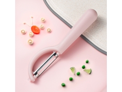 Pelador rosa de frutas y verduras, acero inoxidable duradero, diseño moderno y práctico, fácil de guardar, ideal para el uso diario en la cocina.