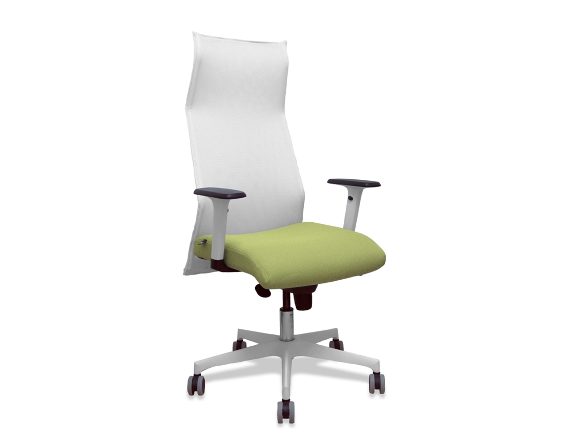 Sillón Albacete con mecanismo Synchro, tapizado en tela verde oliva y malla blanca.