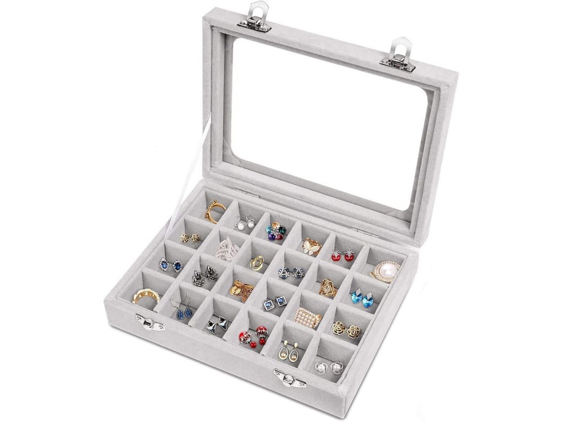 Estante Para Joyas Con 24 Compartimentos, Terciopelo, Tapa De Cristal Transparente, Color Gris.
