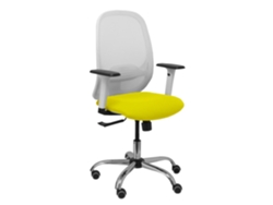 Silla de oficina Cilanco con mecanismo sincronizado, tapizada en tela amarilla y malla blanca.