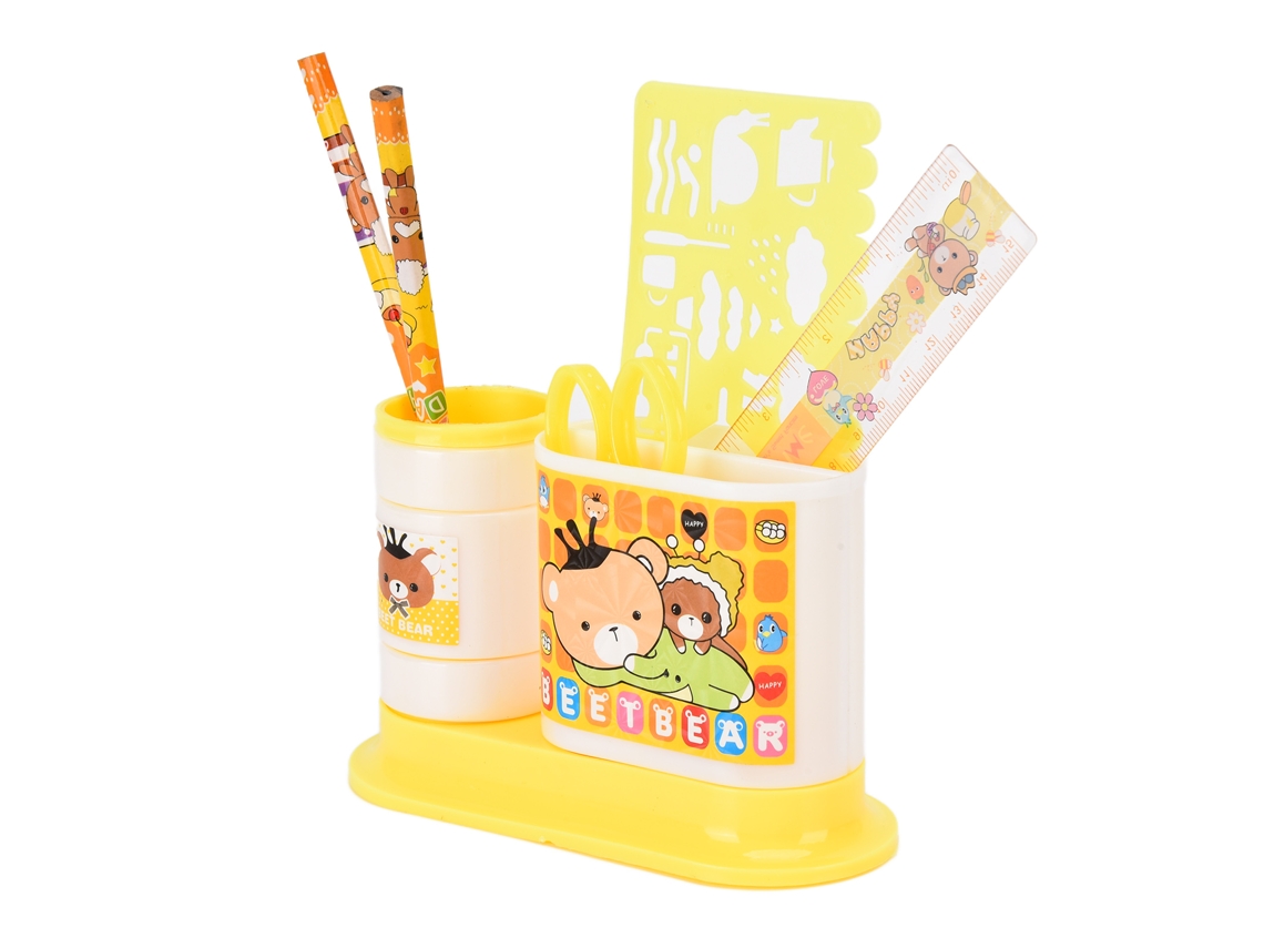 Portalápices Giratorio Con 2 Cuadrículas, Sacapuntas, Tijeras, Regla Y Soporte De Plástico Para Lápices (amarillo)