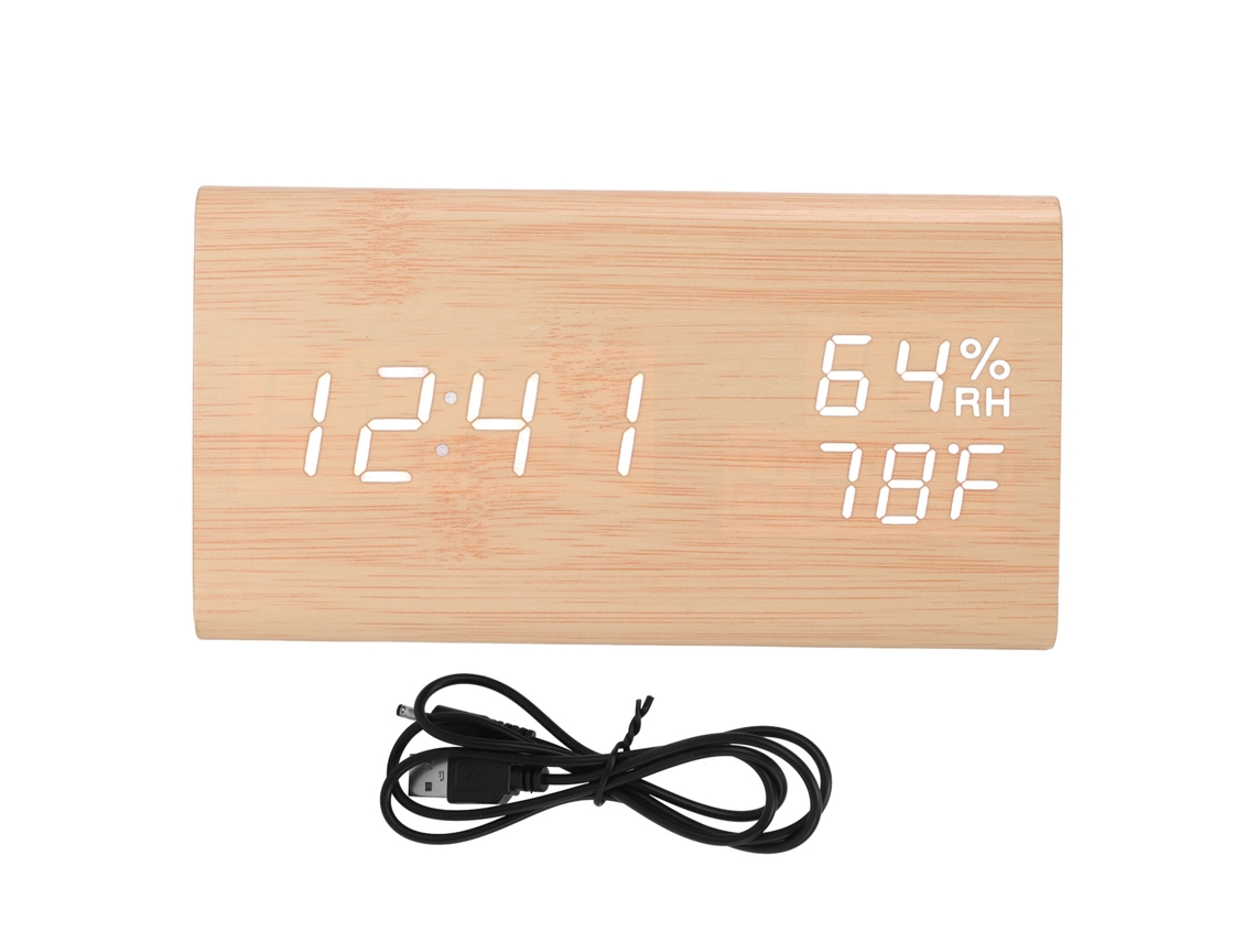 Reloj Digital Triangular De Madera Con Alarma, Control Por Voz E Indicadores Led De Temperatura Y Humedad.