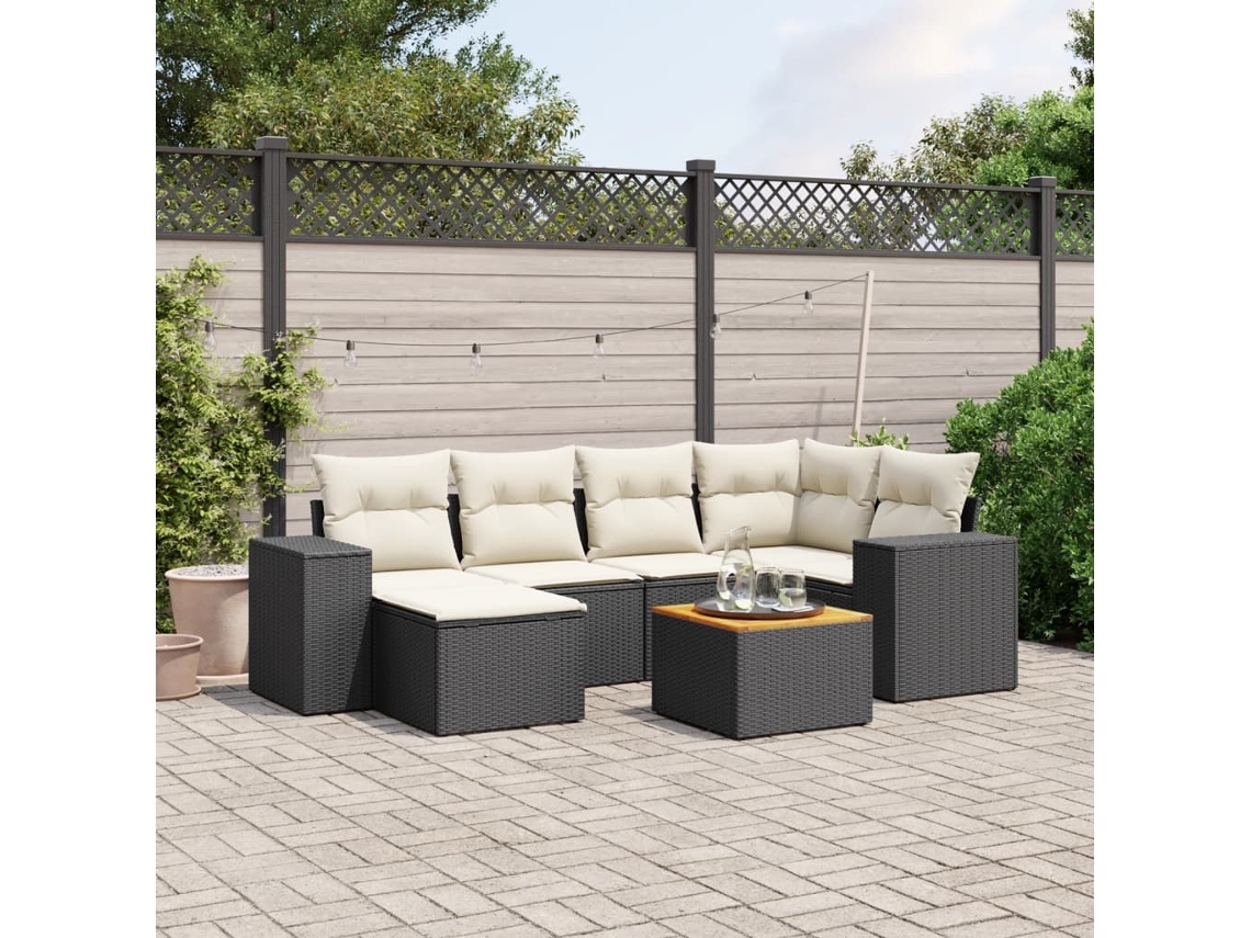 Conjunto de sofá de jardín de 7 piezas con cojines, ratán negro, Dkd Home Decor