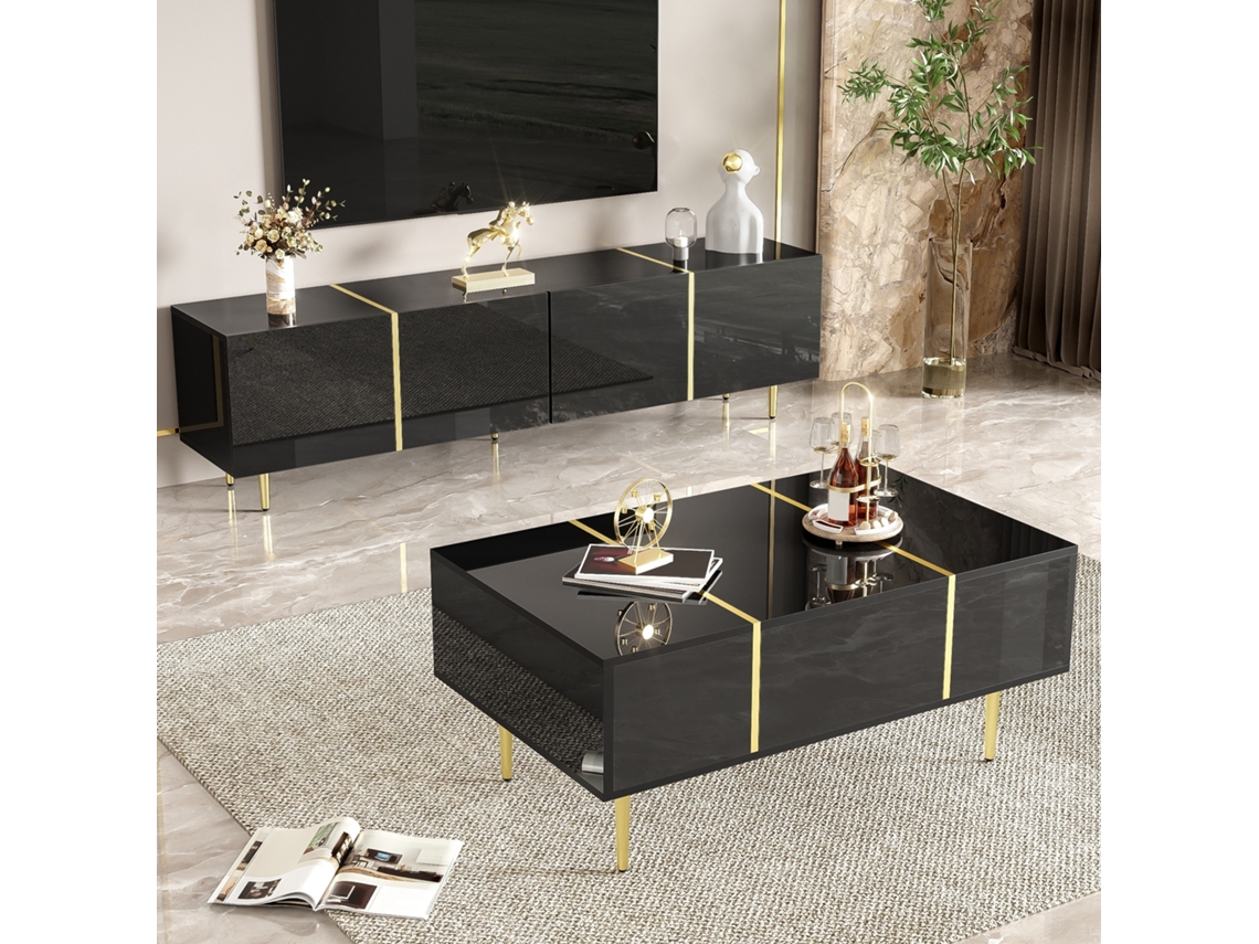 Conjunto Móvil Tv, 170x35x46 Cm, Detalles Dorados, 4 Puertas, Mesa De Centro, Para Pantalla Grande, Negro Brillante