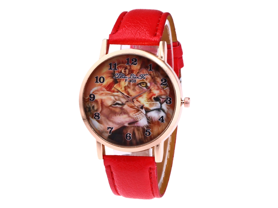Reloj De Pulsera De Cuarzo Para Mujer Zhoulianfa Con Estampado De León En Piel Sintética Roja.