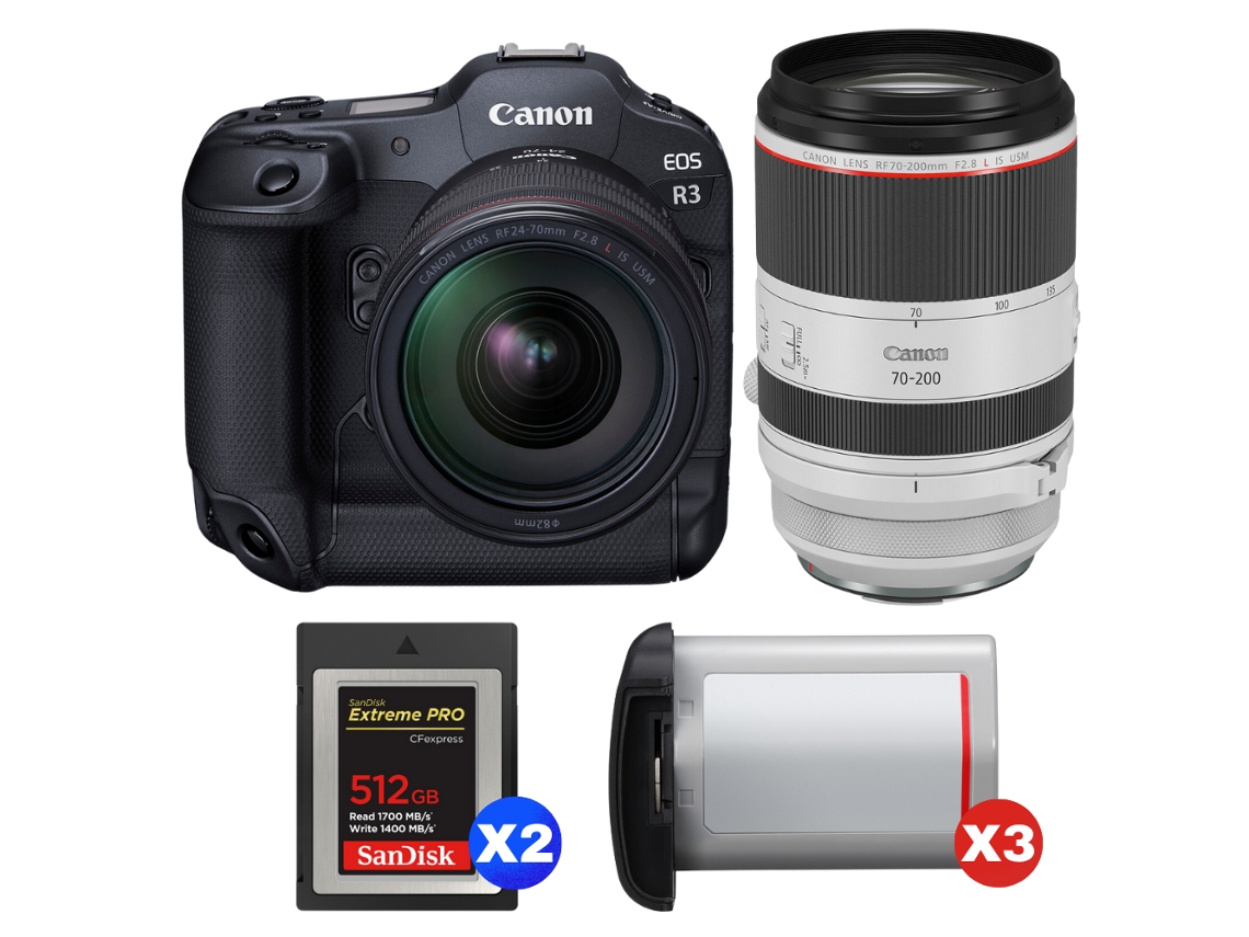 Canon Eos R3 + Rf 24-70mm F/2.8 L Is Usm + Rf 70-200mm F/2.8 L Is Usm + 2 Sandisk 512gb Extreme Pro Cfexpress Type B + 3 Canon L + Ebook Pricedirect