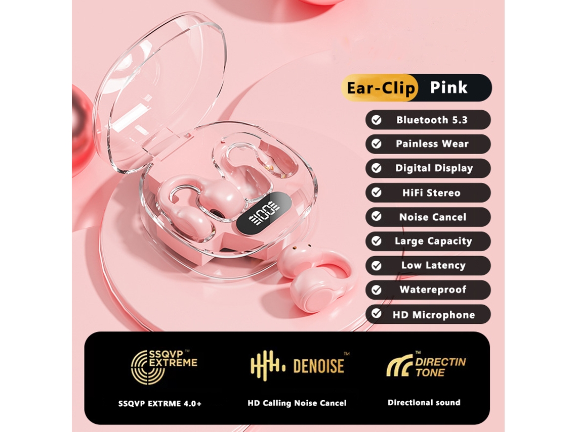 Auriculares Inalámbricos Bluetooth 5.3 (rosa), Con Gancho Para La Oreja Y Pantalla Led.