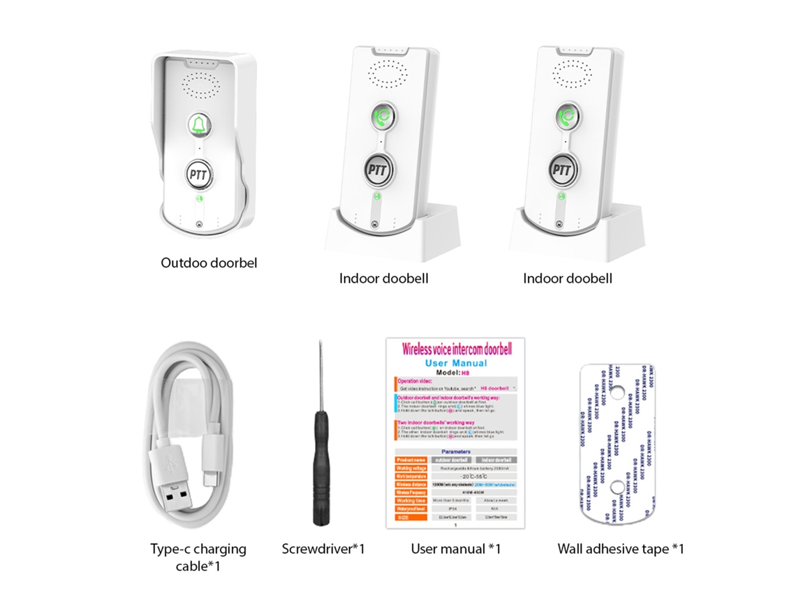 Intercomunicador De Timbre Inalámbrico Con Alcance De 1000 M, Batería Recargable, 38 Tonos Y 3 Niveles De Volumen.