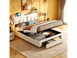 Cama De 140 X 200 Con Cajón, Luces Led Y Puerto Usb, Para Adultos Un Cajón, Camas Para Dos Personas, Sistema Hidráuli