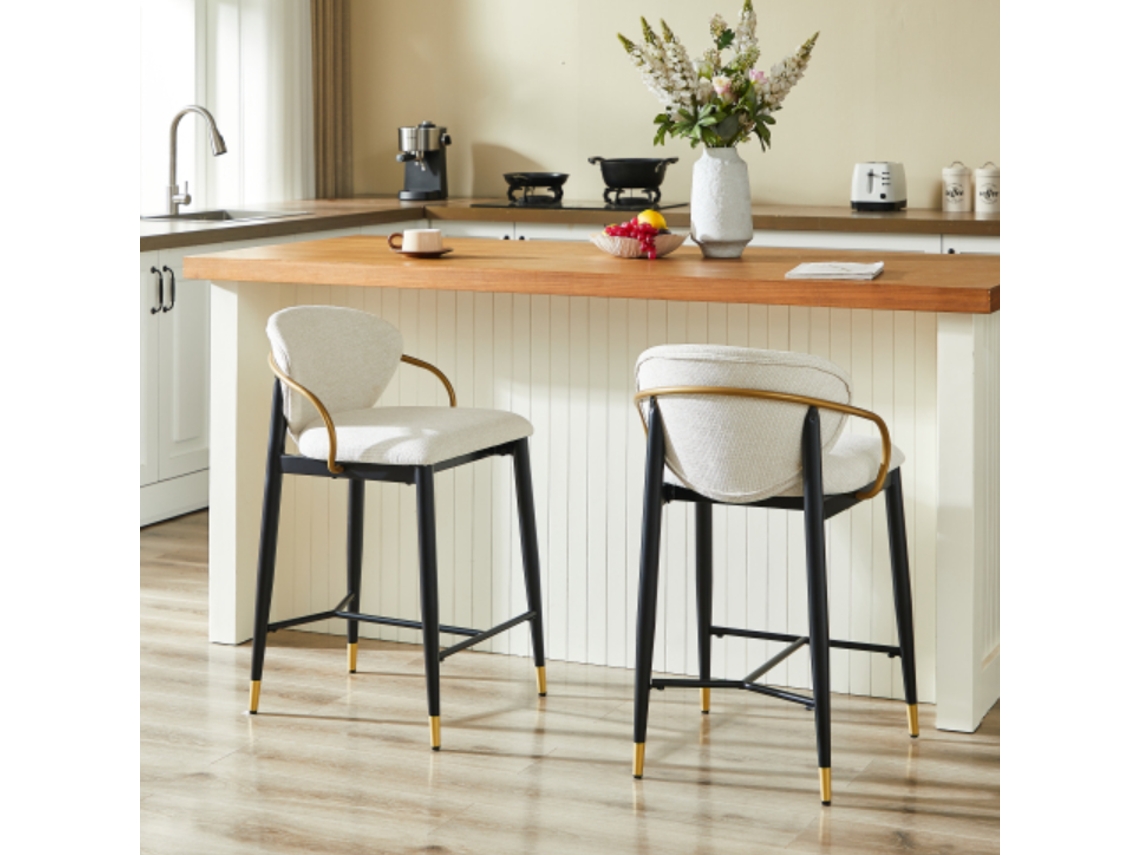 Taburetes De Bar 2 Pcs - Altura Ajustable, Respaldo Y Reposapiés, Chenilla - Beige/negro/oro