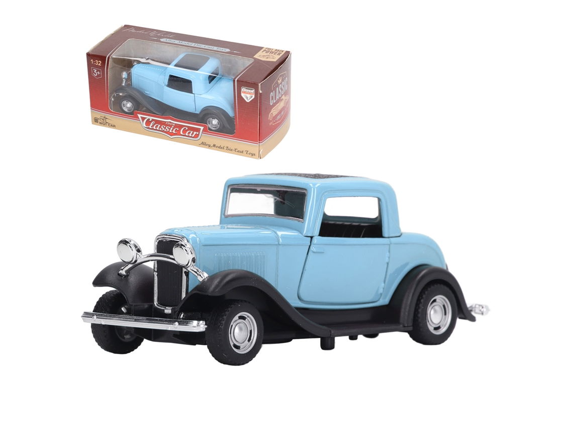 Miniatura de carro clássico vintage em escala 1:32, modelo Garter, com portas que abrem e mecanismo de fricção, azul.