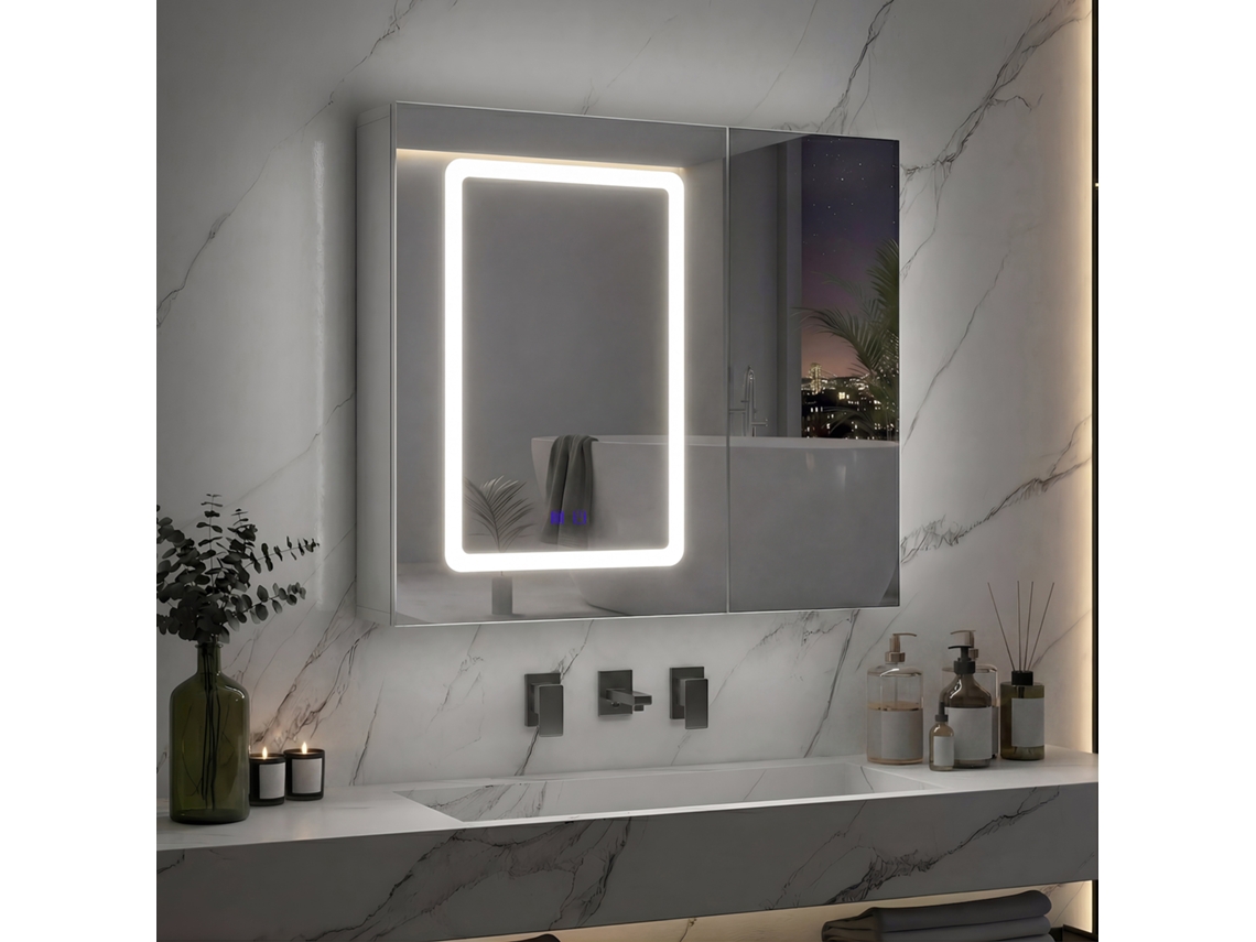 Armario Con Espejo Para Baño Con Iluminación Led Táctil De 3 Colores Y Espejo, Función Antivaho, Estantes Ajustables, Color Blanco