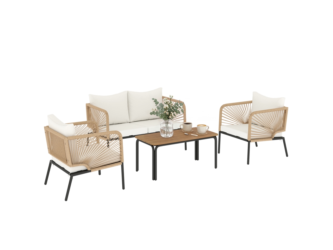 Conjunto De Jardín De Ratán Sintético Wpc, 4 Piezas, Sofá, 2 Sillones, Mesa, Blanco.